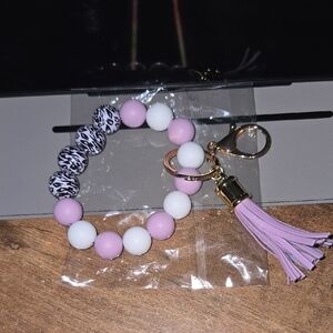 Pink and White Beaded Keychain Bracelet with Tassel, Keychain